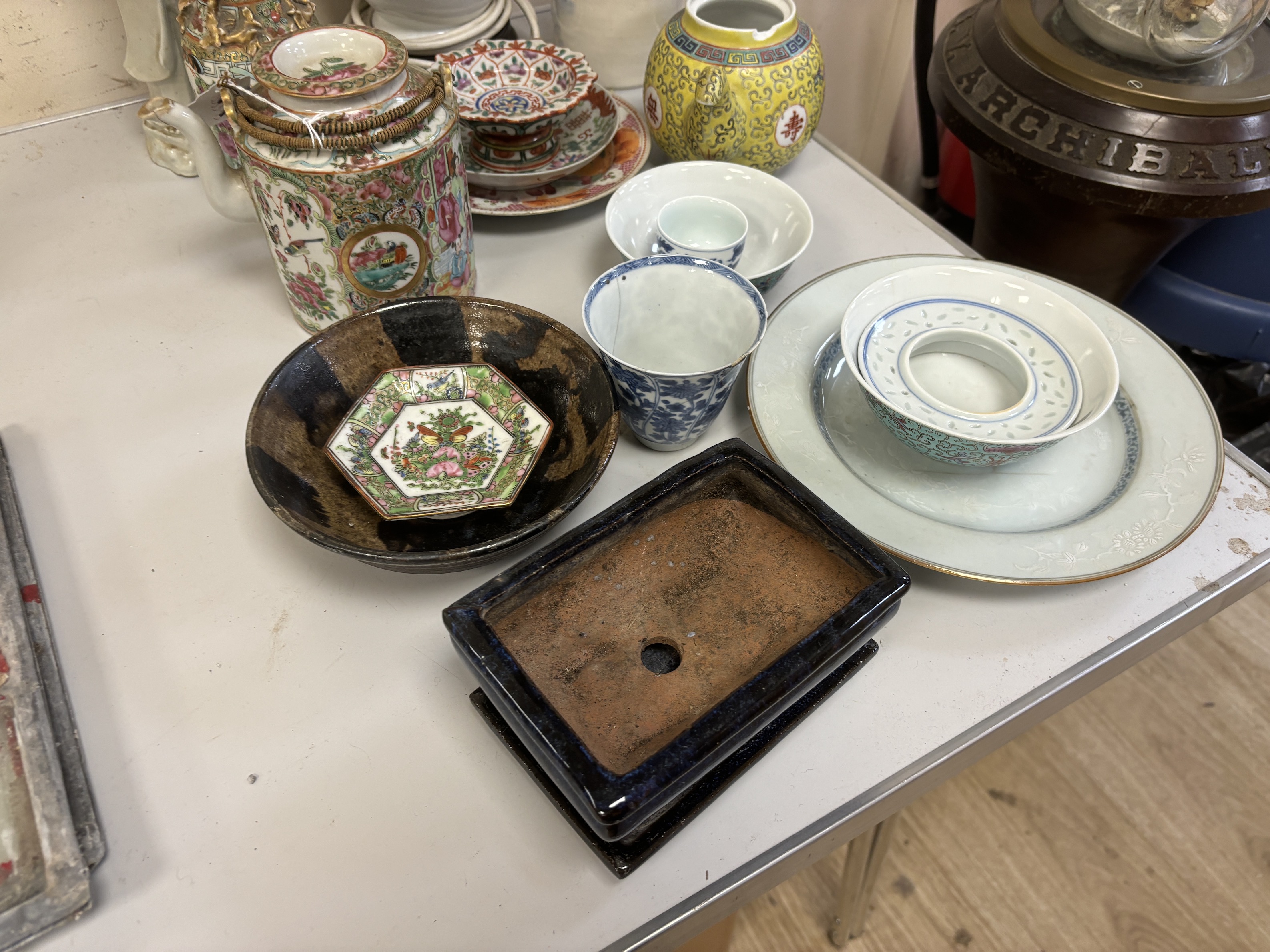 Various Chinese ceramics including some Meiji items; a teapot, 13.5cm, three small dishes and a planter, a Chinese Jian type tenmonku bowl, a Chinese bianco sopra bianco plate, blue and white brush washer, a blanc de chi